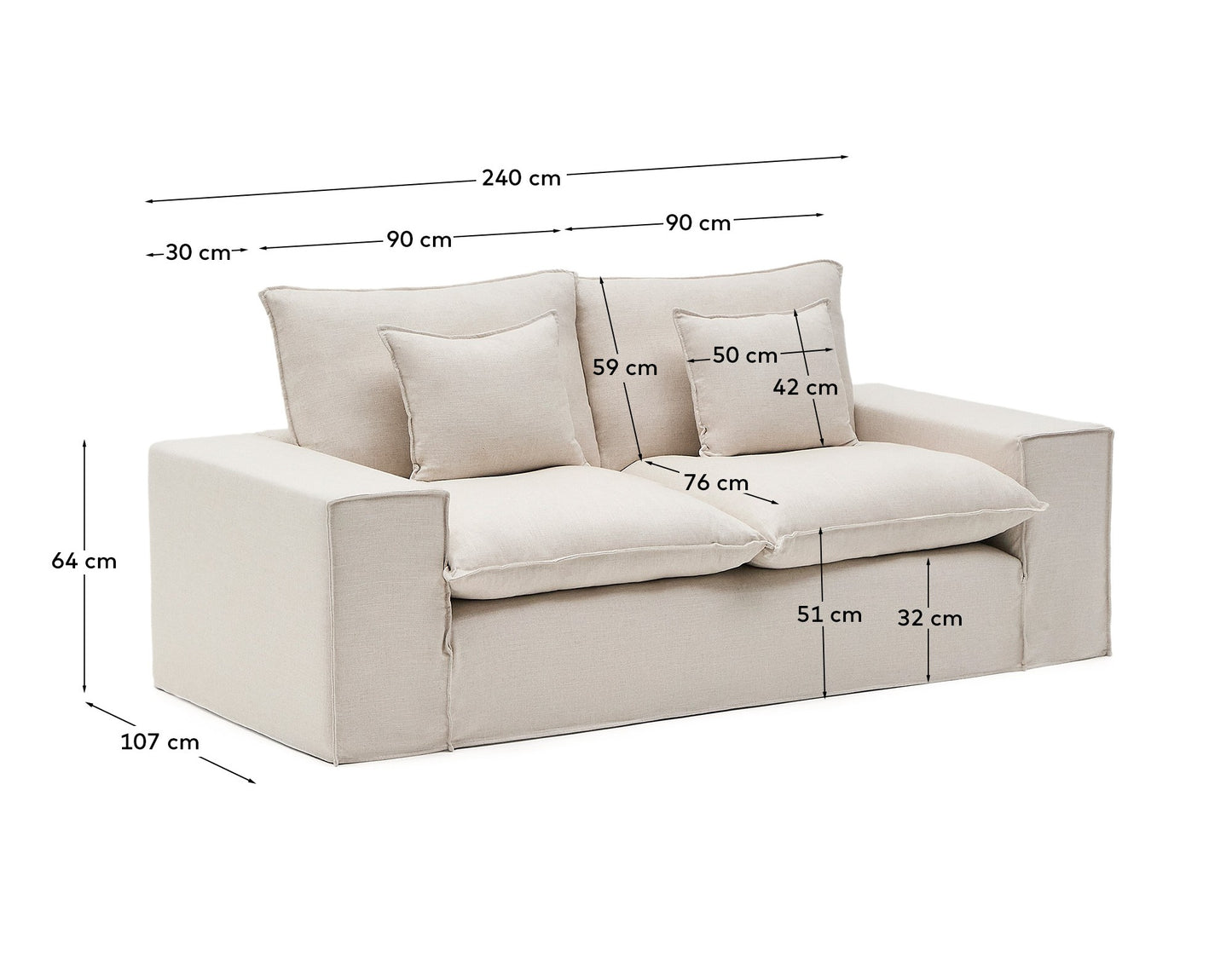 Divano sfoderabile Anarela 2 posti con cuscini di lino beige 240 cm