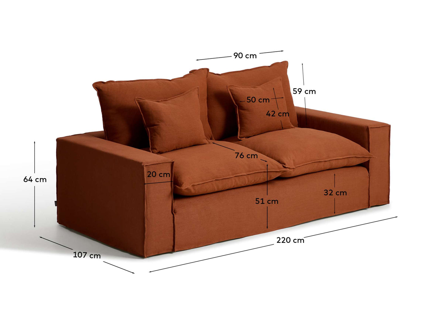 Divano sfoderabile Anarela 2 posti in 100% lino color terracotta 220 cm FSC Mix Credit