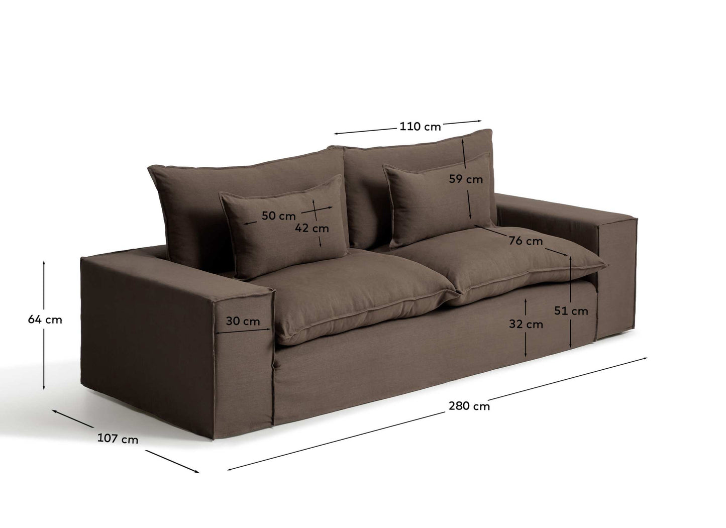 Divano sfoderabile Anarela 3 posti in 100% lino tortora 280 cm FSC Mix Credit