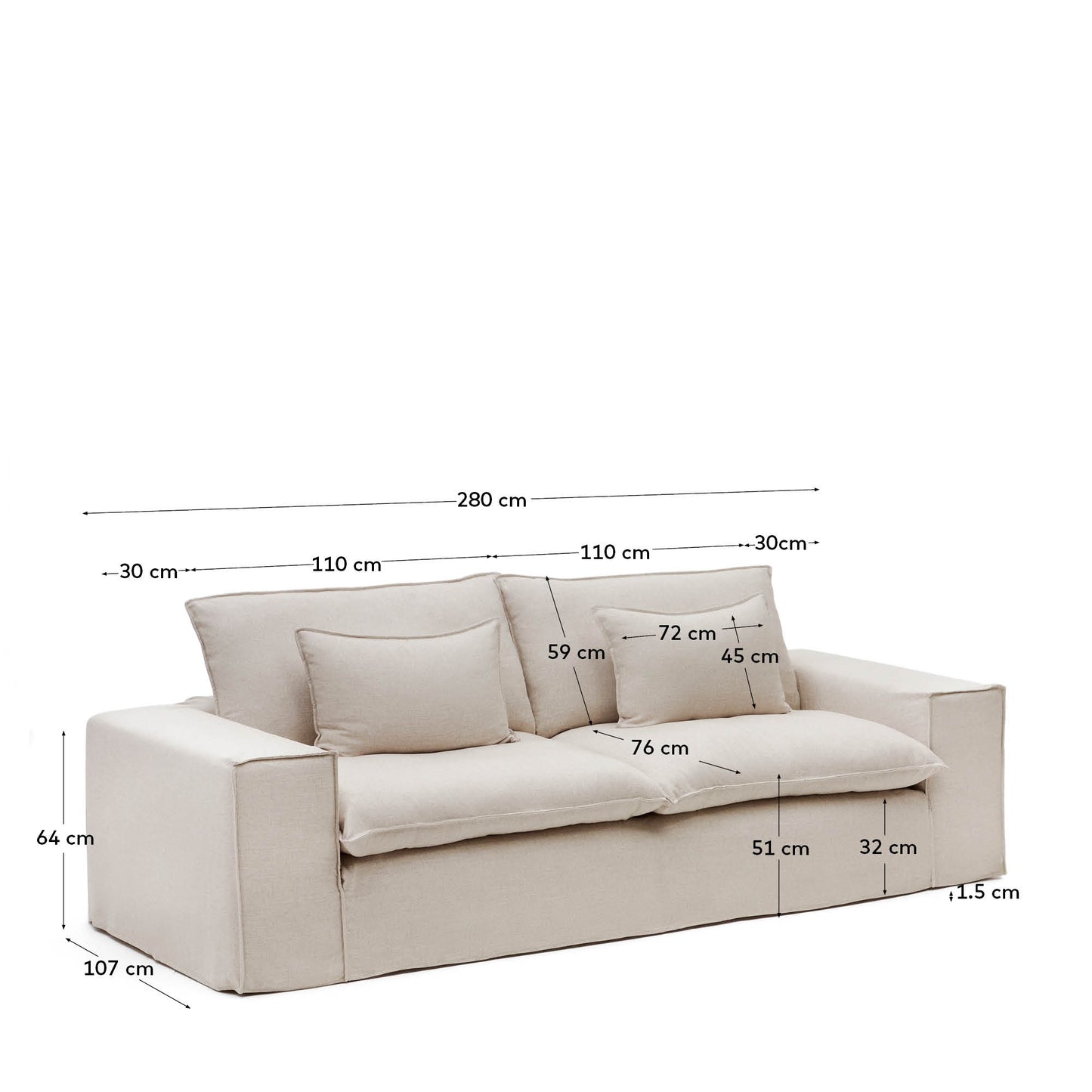 Divano sfoderabile Anarela 3 posti con cuscini di lino beige 280 cm