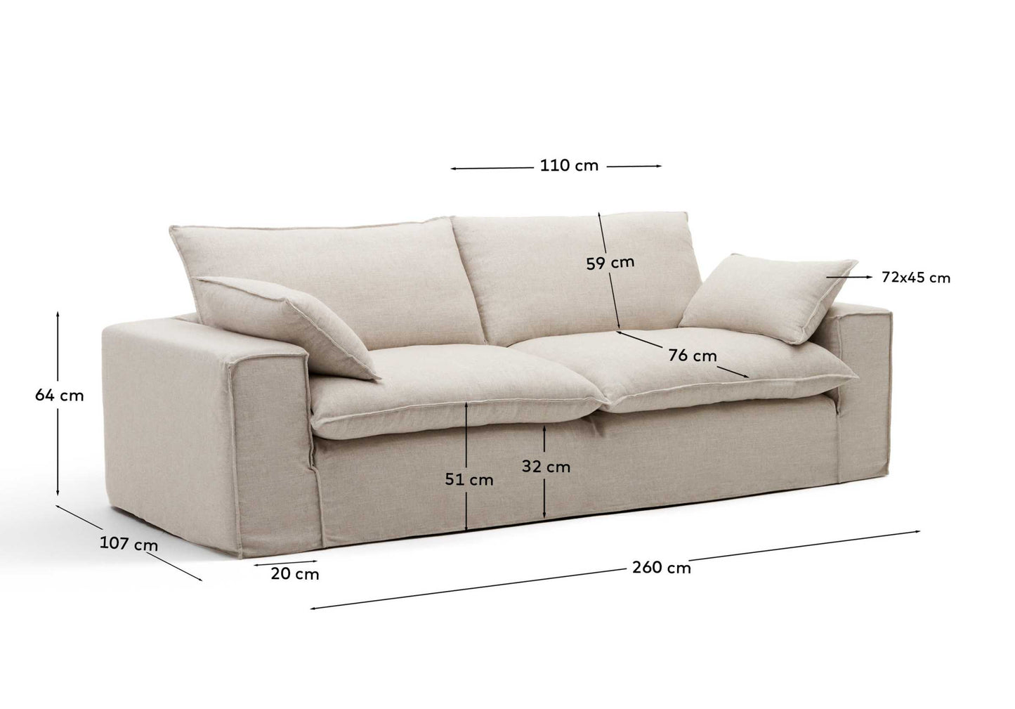 Divano sfoderabile Anarela 3 posti in lino e viscosa beige 260 cm FSC Mix Credit