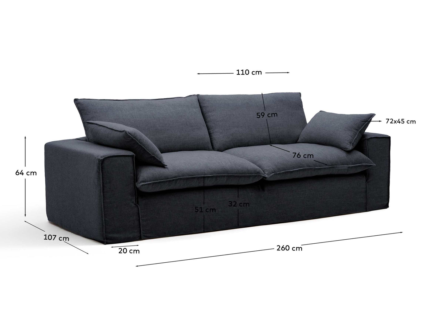 Divano sfoderabile Anarela 3 posti in lino e viscosa grigio scuro 260 cm FSC Mix Credit