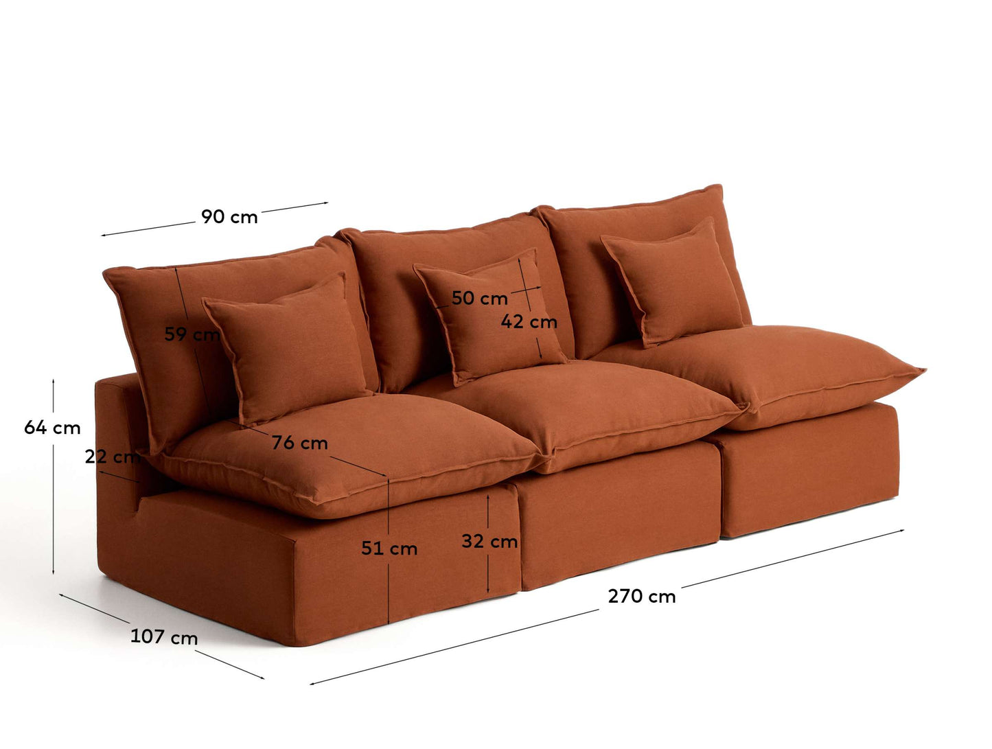 Divano modulare sfoderabile Anarela 3 posti in 100% lino color terracotta 270 cm FSC Mix Credit