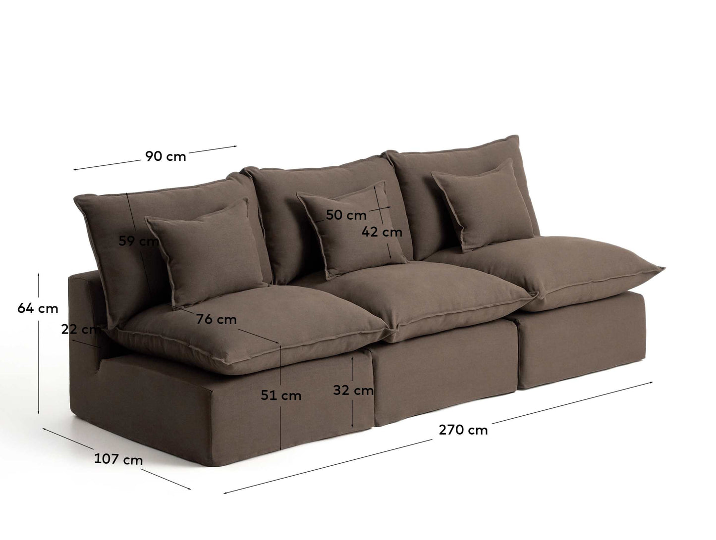 Divano modulare sfoderabile Anarela 3 posti in 100% lino tortora 270 cm FSC Mix Credit