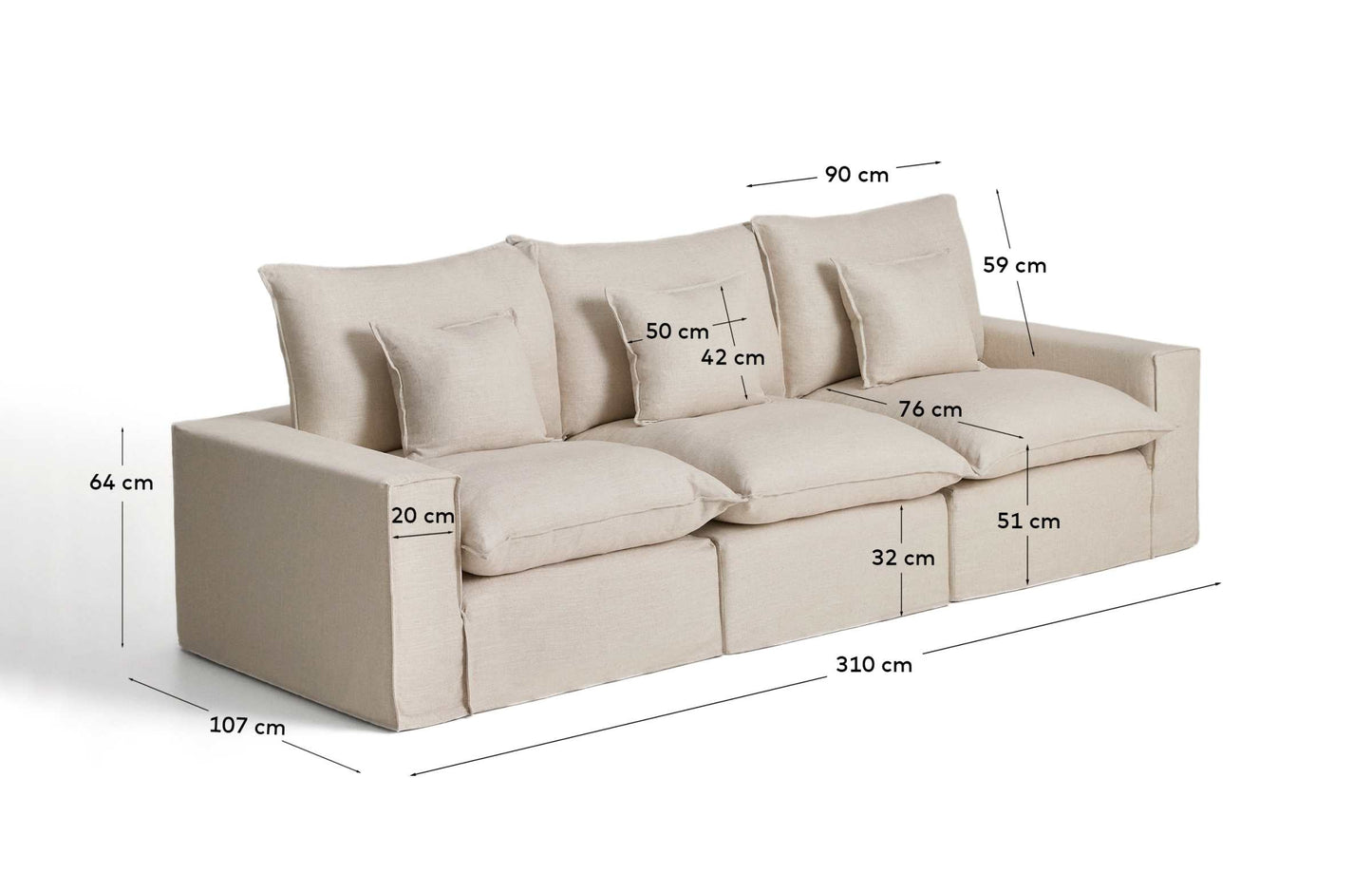 Divano modulare sfoderabile Anarela 3 posti in lino e viscosa beige 310 cm FSC Mix Credit