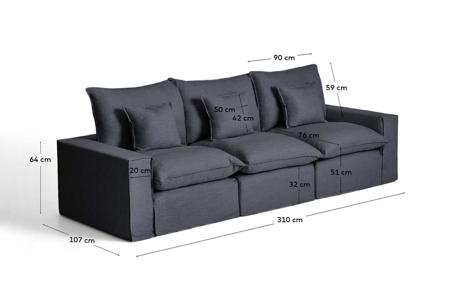 Divano modulare sfoderabile Anarela 3 posti in lino e viscosa grigio scuro 310 cm FSC Mix Credit