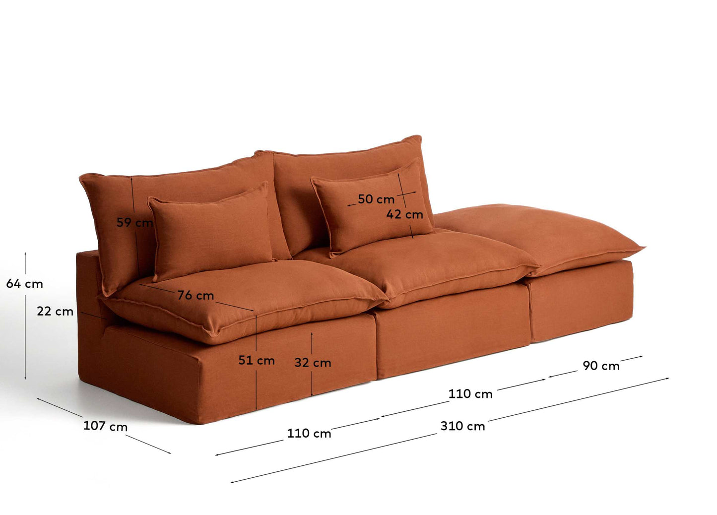 Divano modulare sfoderabile Anarela 3 posti con terminale in 100% lino terracotta 310 cm FSC Mix Credit