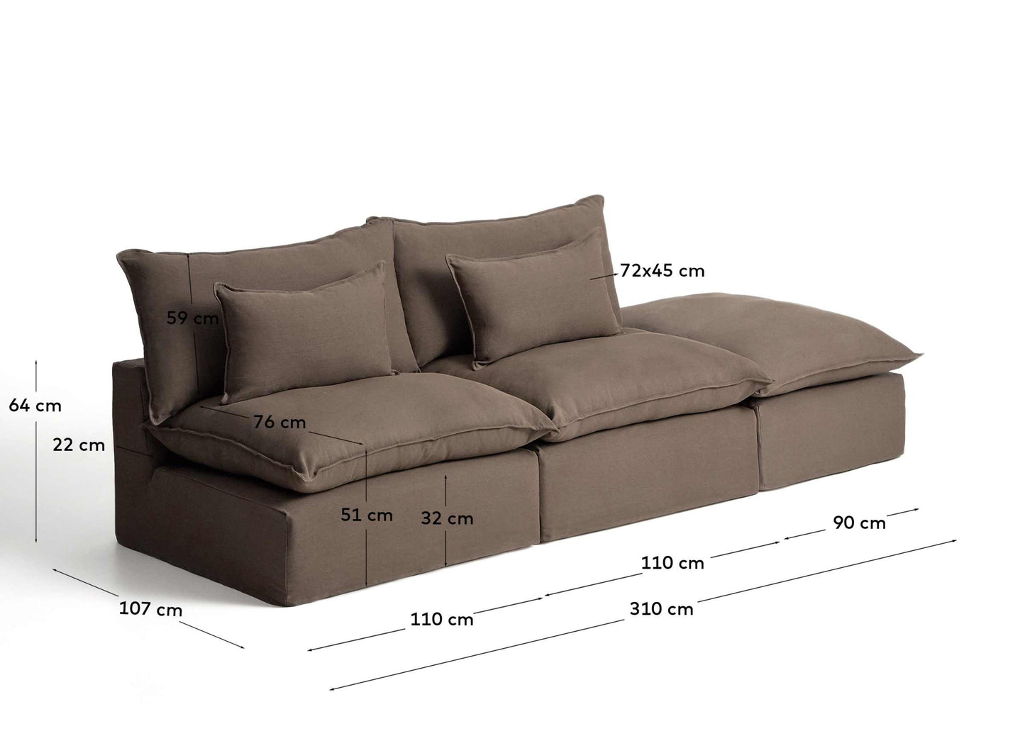 Divano modulare sfoderabile Anarela 3 posti con terminale in 100% lino tortora 310 cm FSC Mix Credit