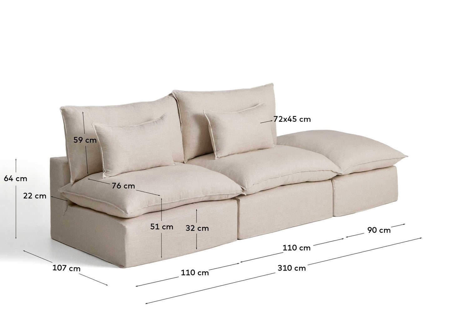 Divano modulare sfoderabile Anarela 3 posti con terminale in lino e viscosa beige 310 cm FSC Mix Credit