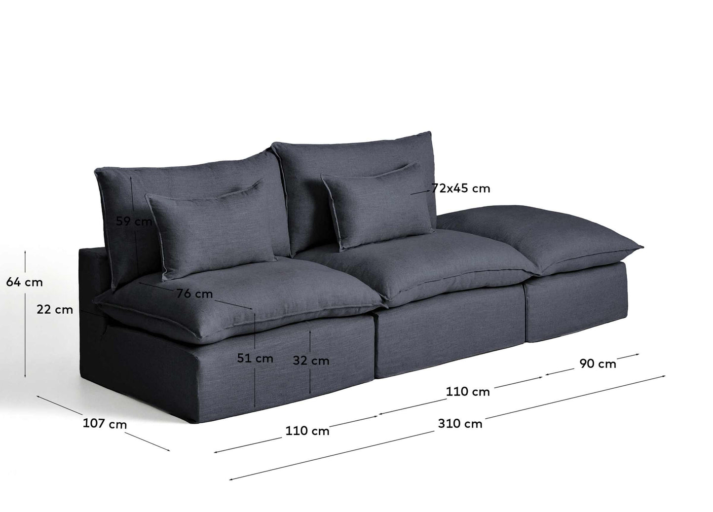 Divano modulare sfoderabile Anarela 3 posti con terminale in lino e viscosa grigio scuro 310 cm FSC Mix Credit