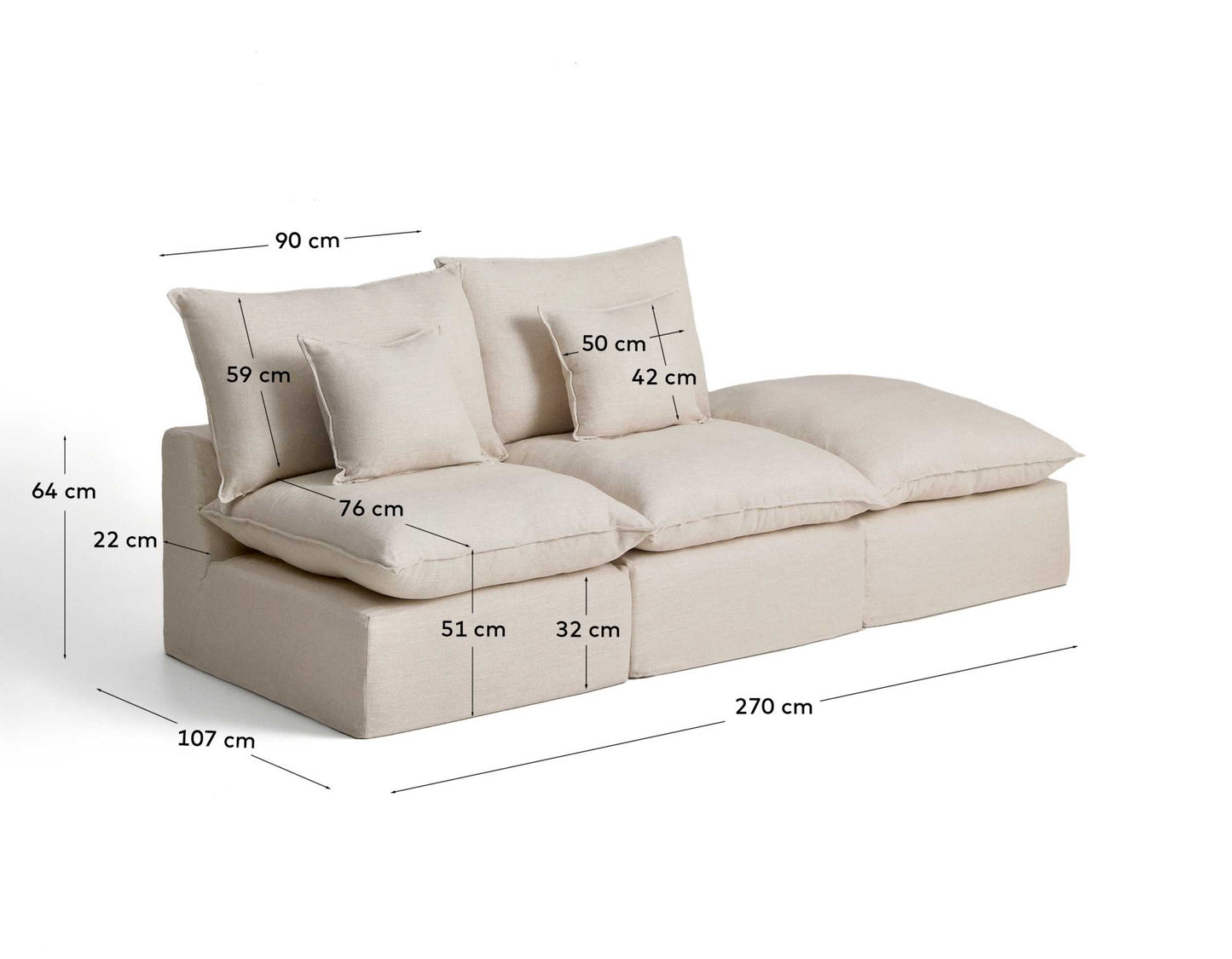 Divano modulare sfoderabile Anarela 2 posti con terminale in lino e viscosa beige 270 cm FSC Mix Credit