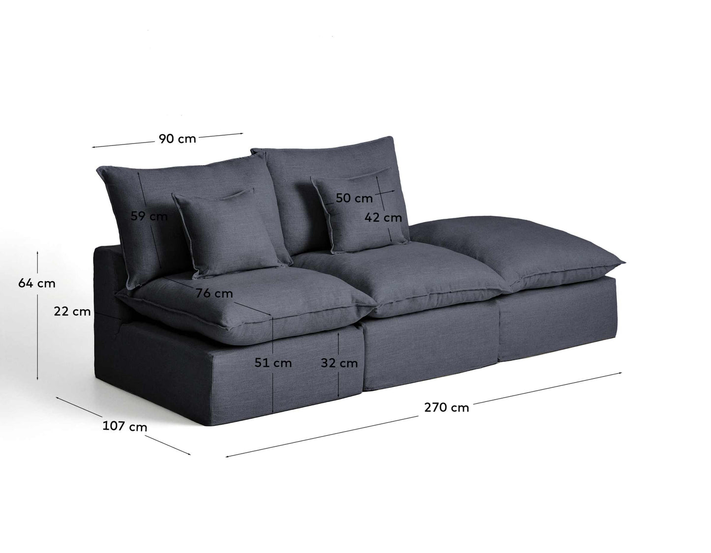 Divano modulare sfoderabile Anarela 2 posti con terminale in lino e viscosa grigio scuro 270 cm FSC Mix Credit