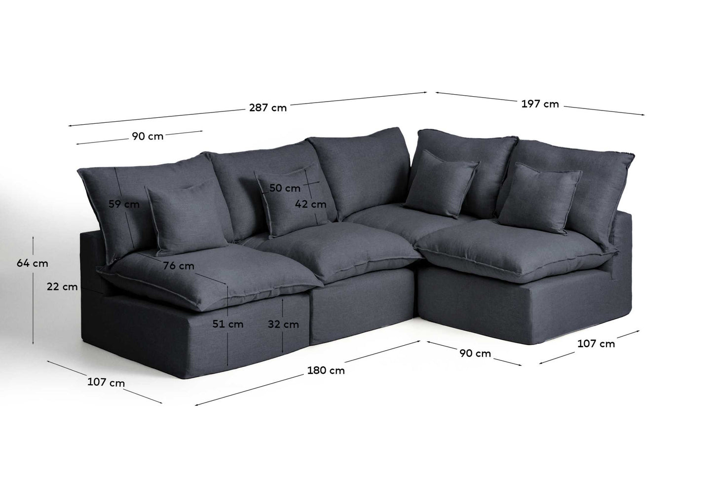 Divano angolare modulare sfoderabile Anarela 4 posti in lino e viscosa grigio scuro 287 x 197 cm / 197 x 287 cm FSC Mix Credit