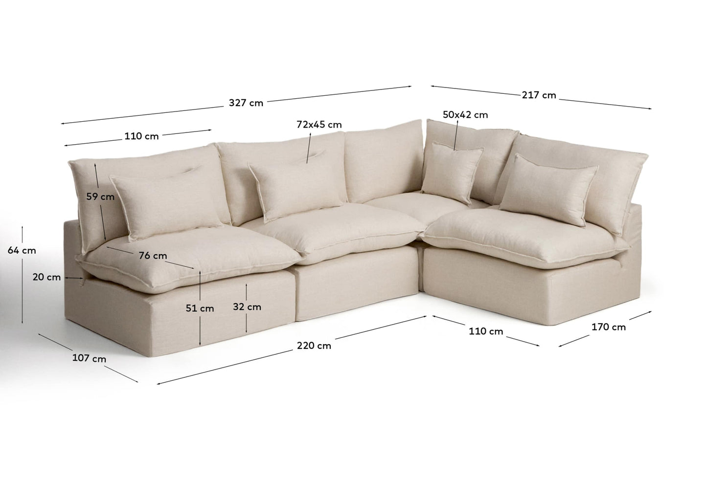 Divano angolare modulare sfoderabile Anarela 6 posti in lino e viscosa beige 327 x 217 cm / 217 x 327 cm FSC Mix Credit