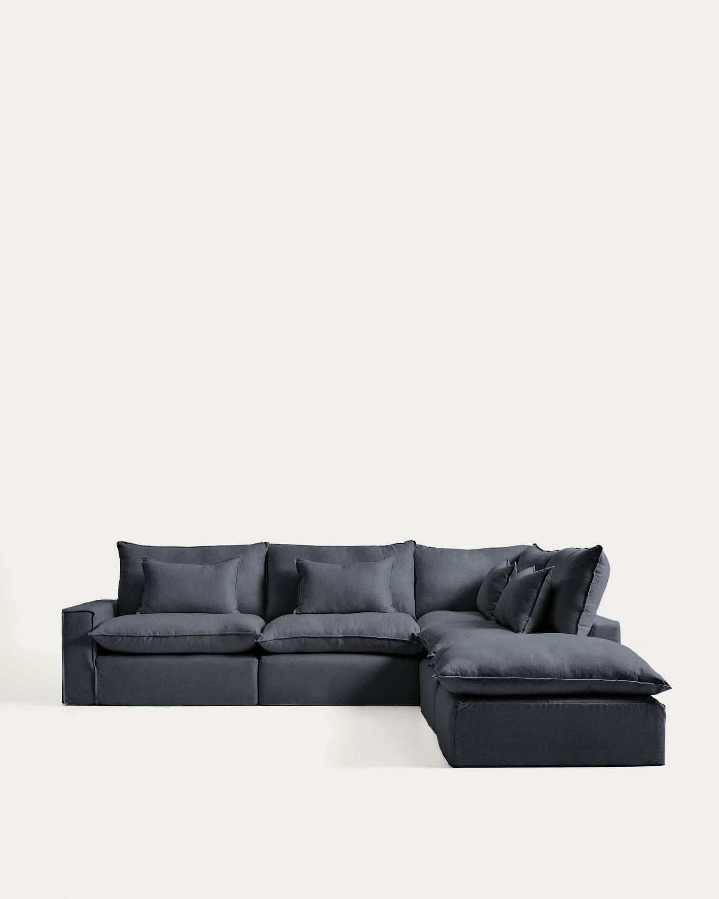 Divano angolare modulare sfoderabile Anarela 6 posti in lino e viscosa grigio scuro 347 x 307 cm FSC Mix Credit