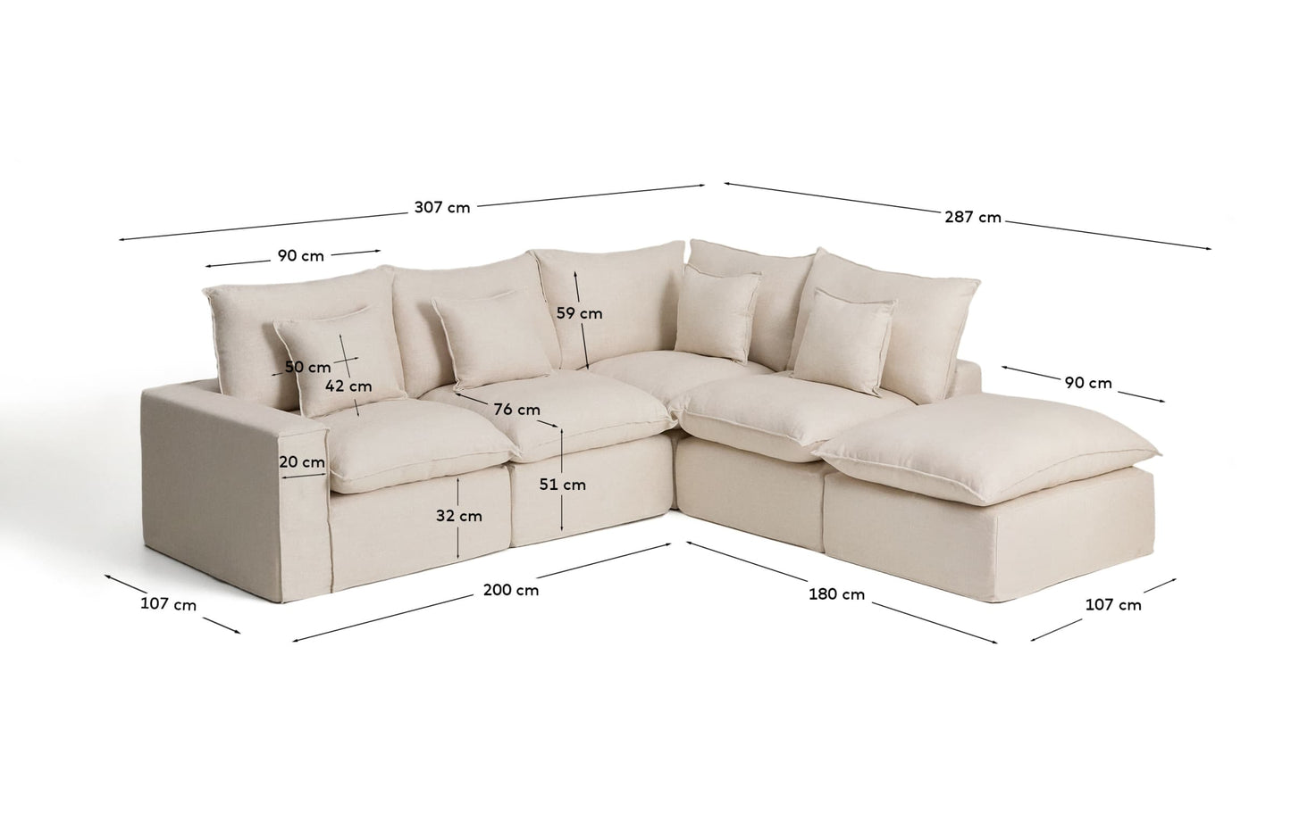 Divano angolare modulare sfoderabile Anarela 4 posti in lino e viscosa beige 307 x 287 cm FSC Mix Credit