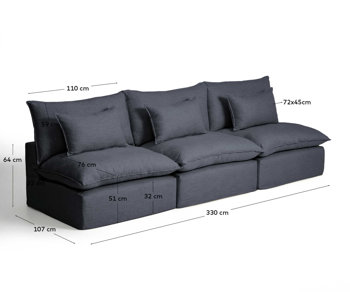 Divano modulare sfoderabile Anarela 5 posti in lino e viscosa grigio scuro 330 cm FSC Mix Credit