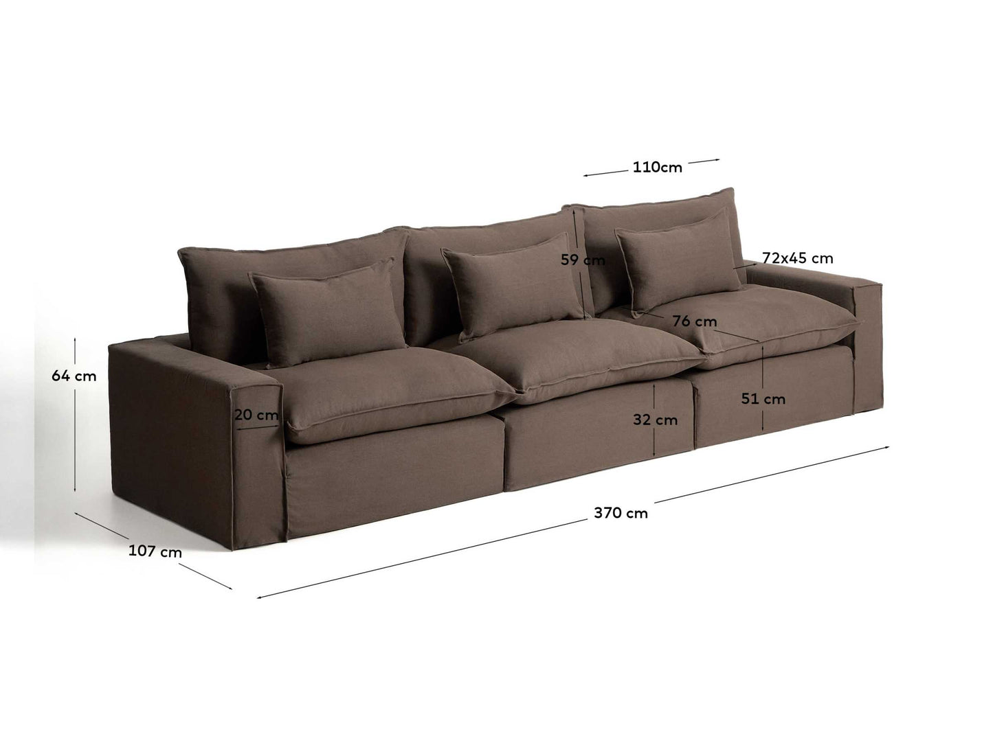 Divano modulare sfoderabile Anarela 5 posti in 100% lino tortora 370 cm FSC Mix Credit