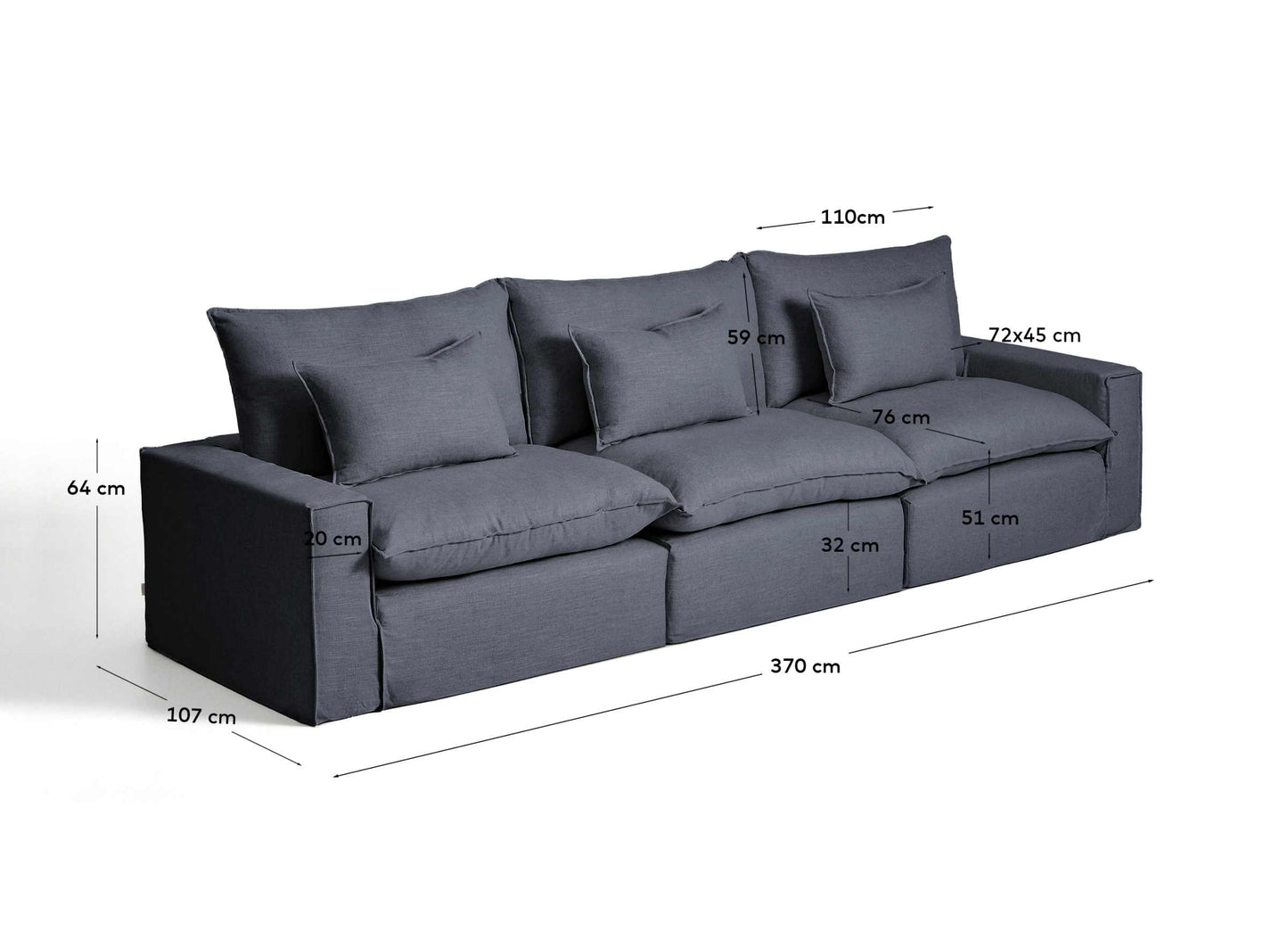 Divano modulare sfoderabile Anarela 5 posti in lino e viscosa grigio scuro 370 cm FSC Mix Credit