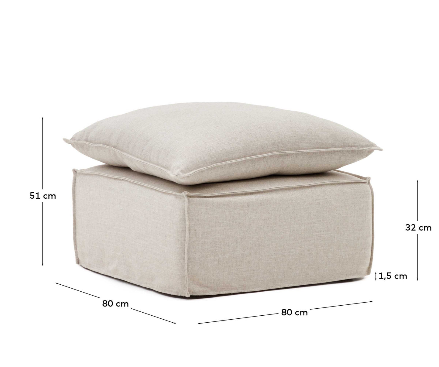 Pouf sfoderabile Anarela con cuscino di lino beige 80 X 80 cm