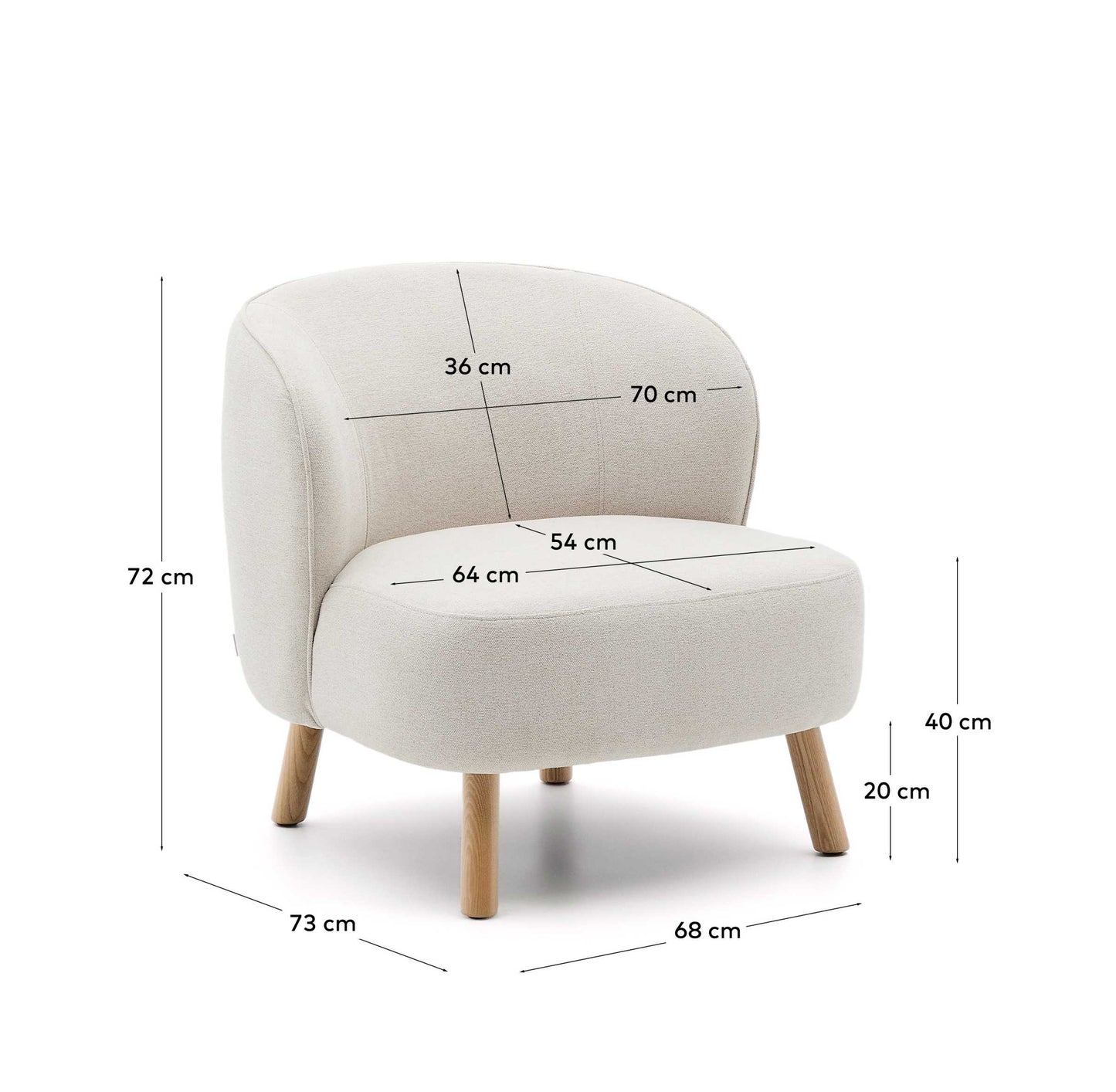 Poltrona Ulit in ciniglia beige e piedi in legno massello di faggio finitura naturale