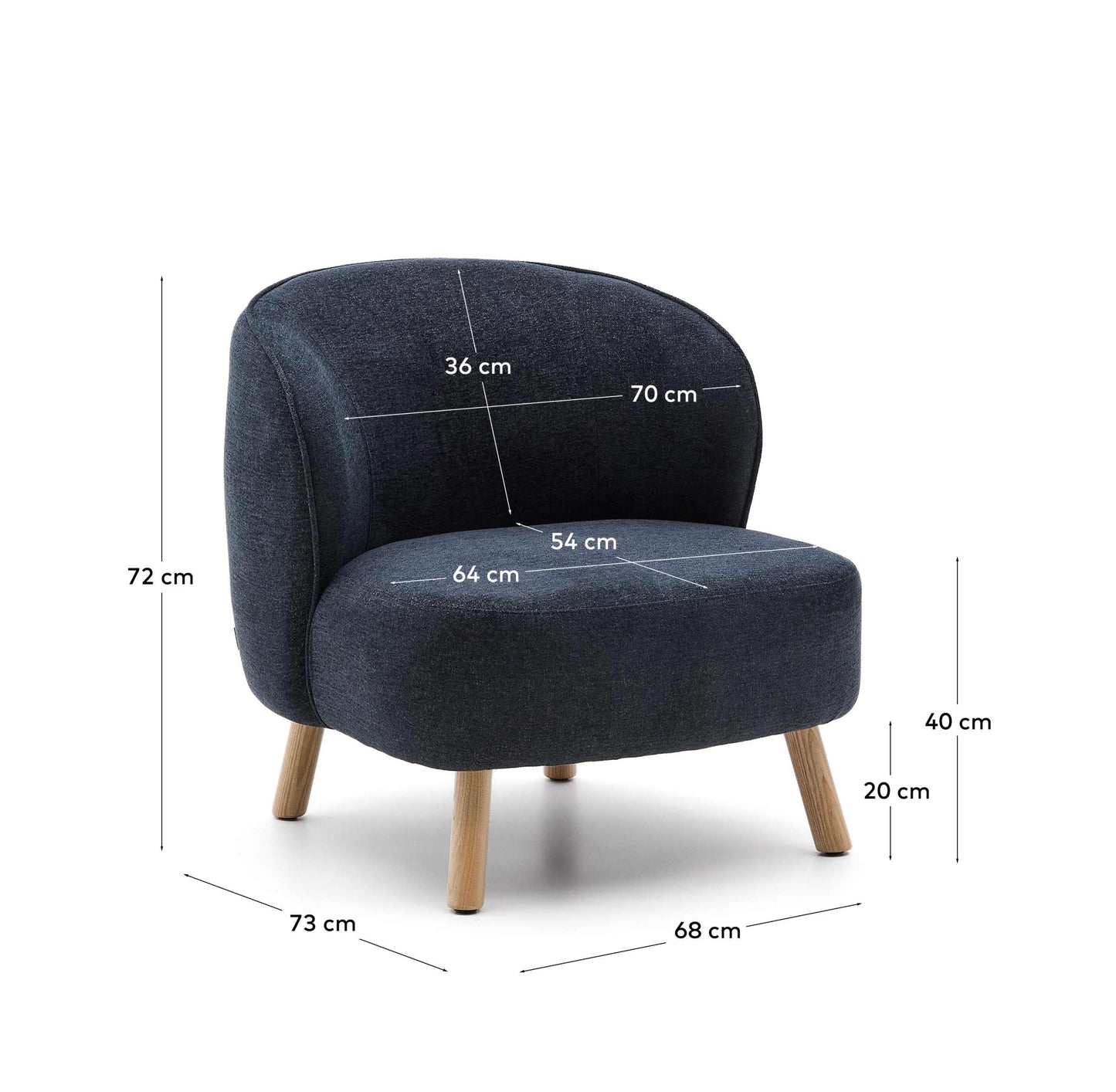 Poltrona Ulit in ciniglia blu-grigia e piedi in legno massello di faggio finitura naturale
