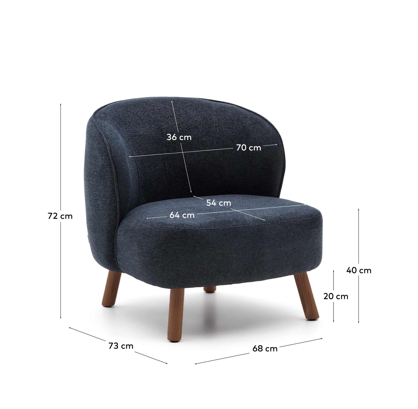 Poltrona Ulit in ciniglia blu-grigio e gambe in legno massiccio di frassino con finitura color noce