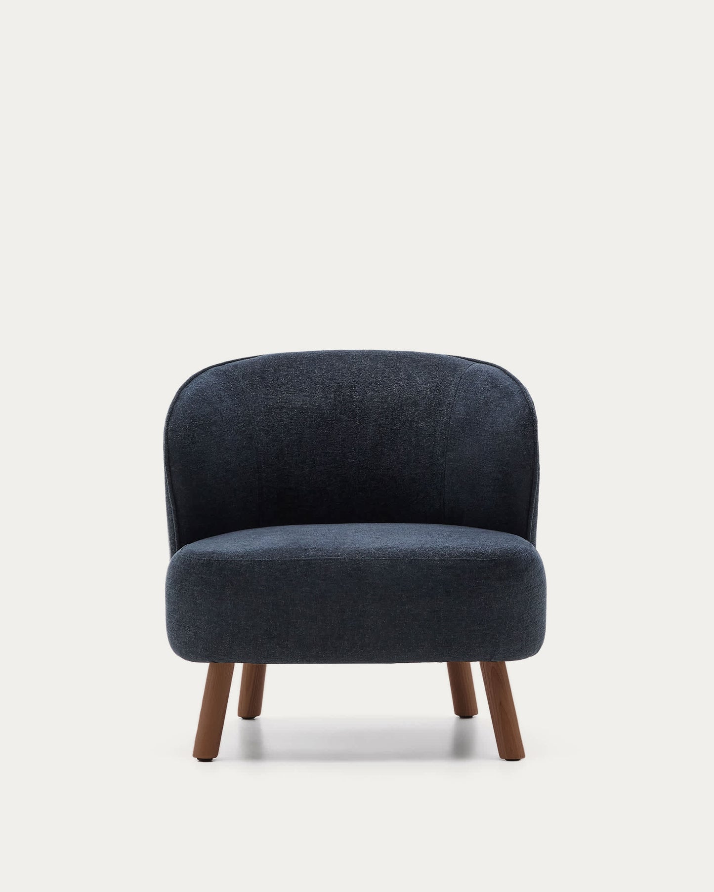 Poltrona Ulit in ciniglia blu-grigio e gambe in legno massiccio di frassino con finitura color noce