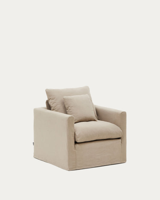Poltrona sfoderabile Nora con cuscino in lino e cotone taupe 92 cm