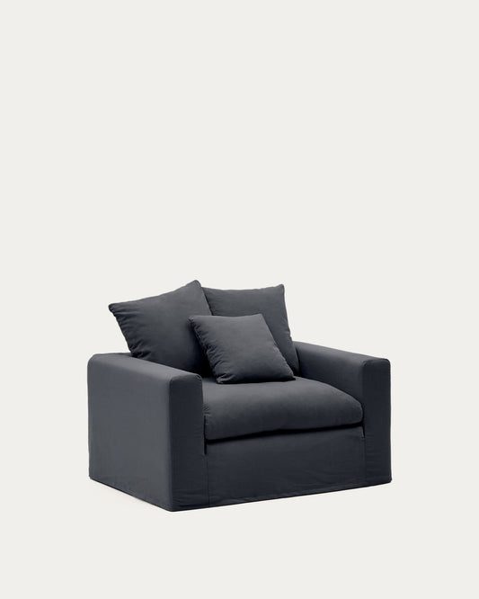 Poltrona sfoderabile Nora con cuscino in lino e cotone grigio antracite 140 cm