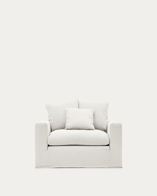 Poltrona sfoderabile Nora con cuscino in lino e cotone écru 140 cm