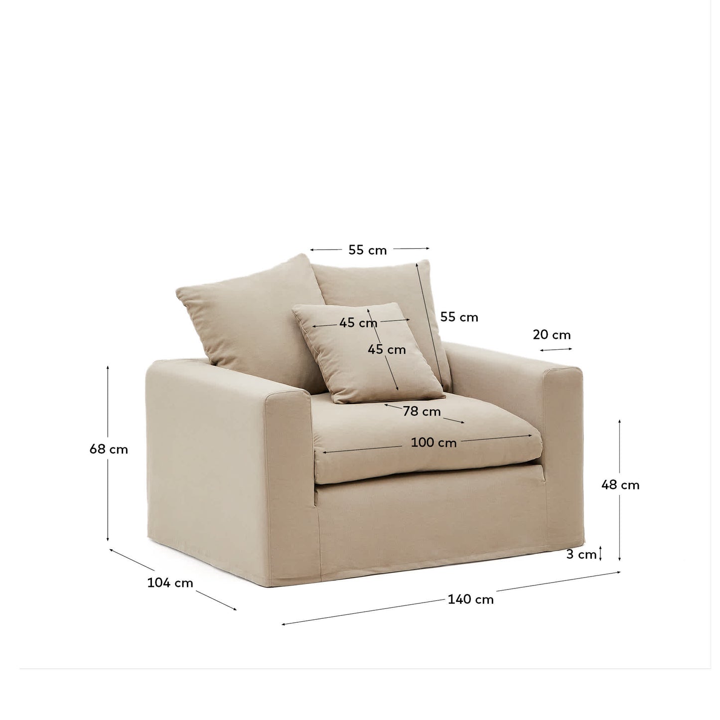 Poltrona sfoderabile Nora con cuscino in lino e cotone taupe 140 cm