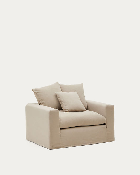 Poltrona sfoderabile Nora con cuscino in lino e cotone taupe 140 cm