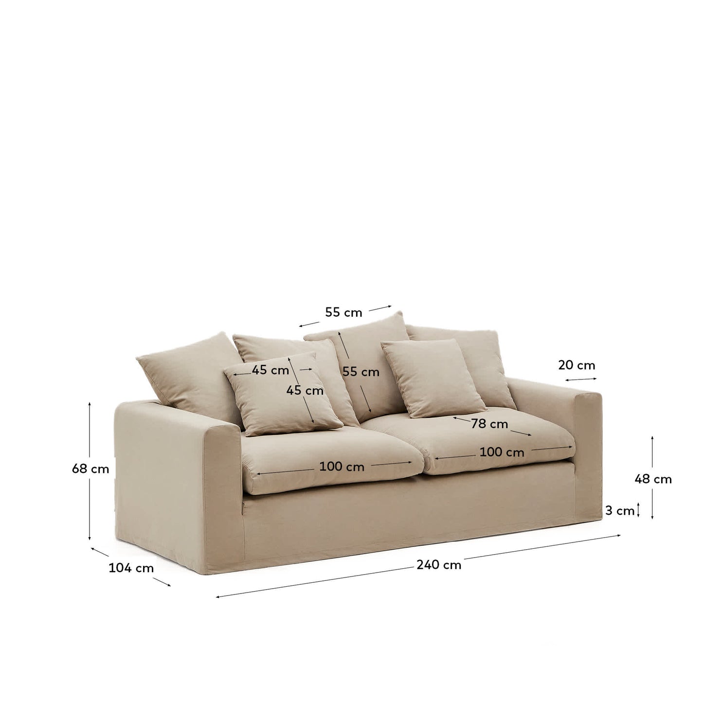 Divano sfoderabile Nora 3 posti con cuscini in lino e cotone taupe 240 cm
