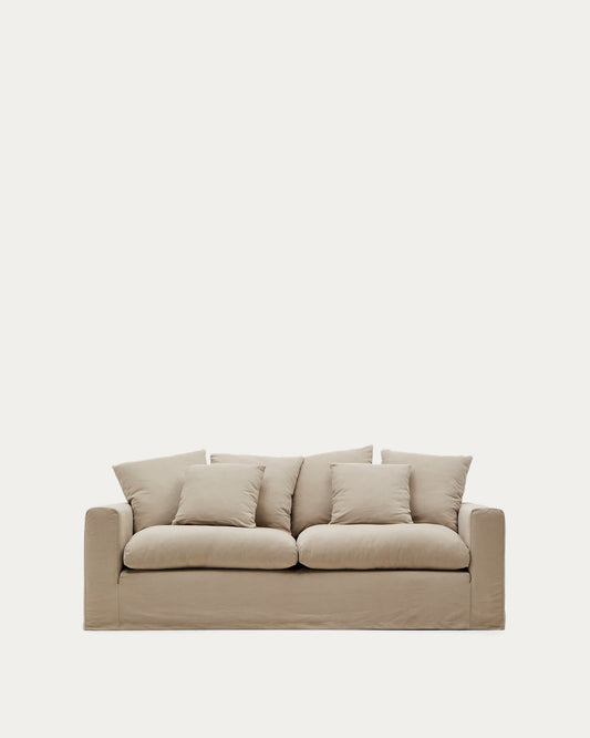 Divano sfoderabile Nora 3 posti con cuscini in lino e cotone taupe 240 cm