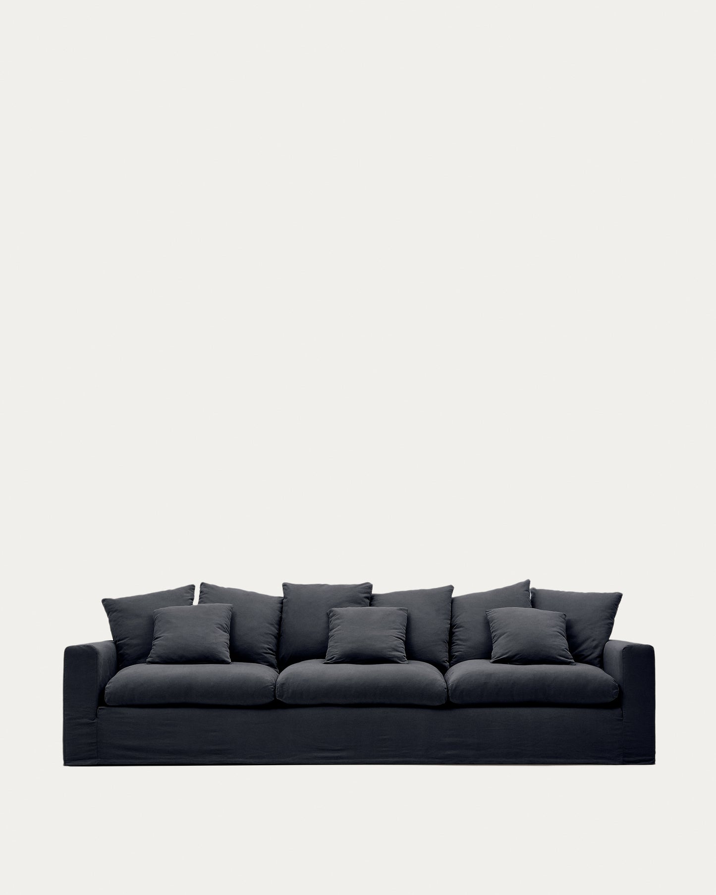 Divano sfoderabile Nora 4 posti con cuscini in lino e cotone grigio antracite 340 cm