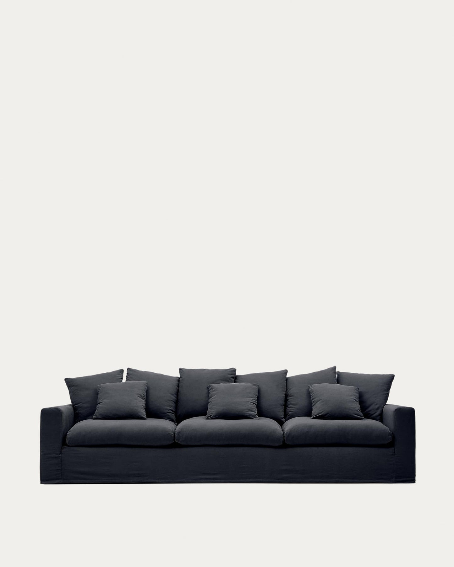 Divano sfoderabile Nora 4 posti con cuscini in lino e cotone grigio antracite 340 cm