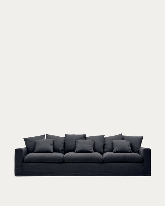 Divano sfoderabile Nora 4 posti con cuscini in lino e cotone grigio antracite 340 cm