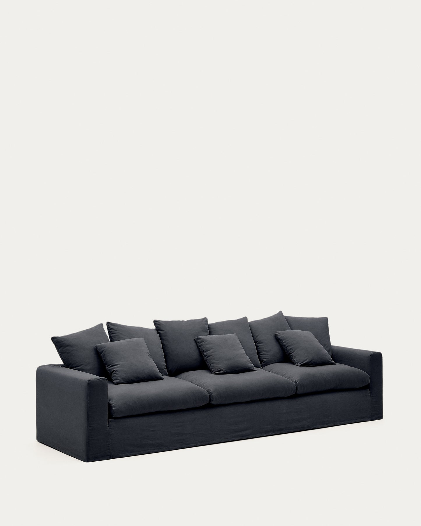 Divano sfoderabile Nora 4 posti con cuscini in lino e cotone grigio antracite 340 cm