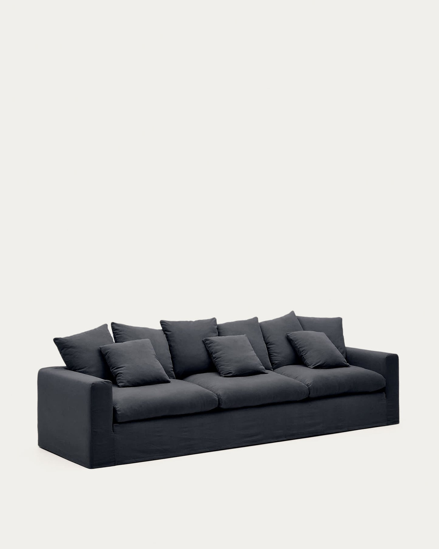 Divano sfoderabile Nora 4 posti con cuscini in lino e cotone grigio antracite 340 cm