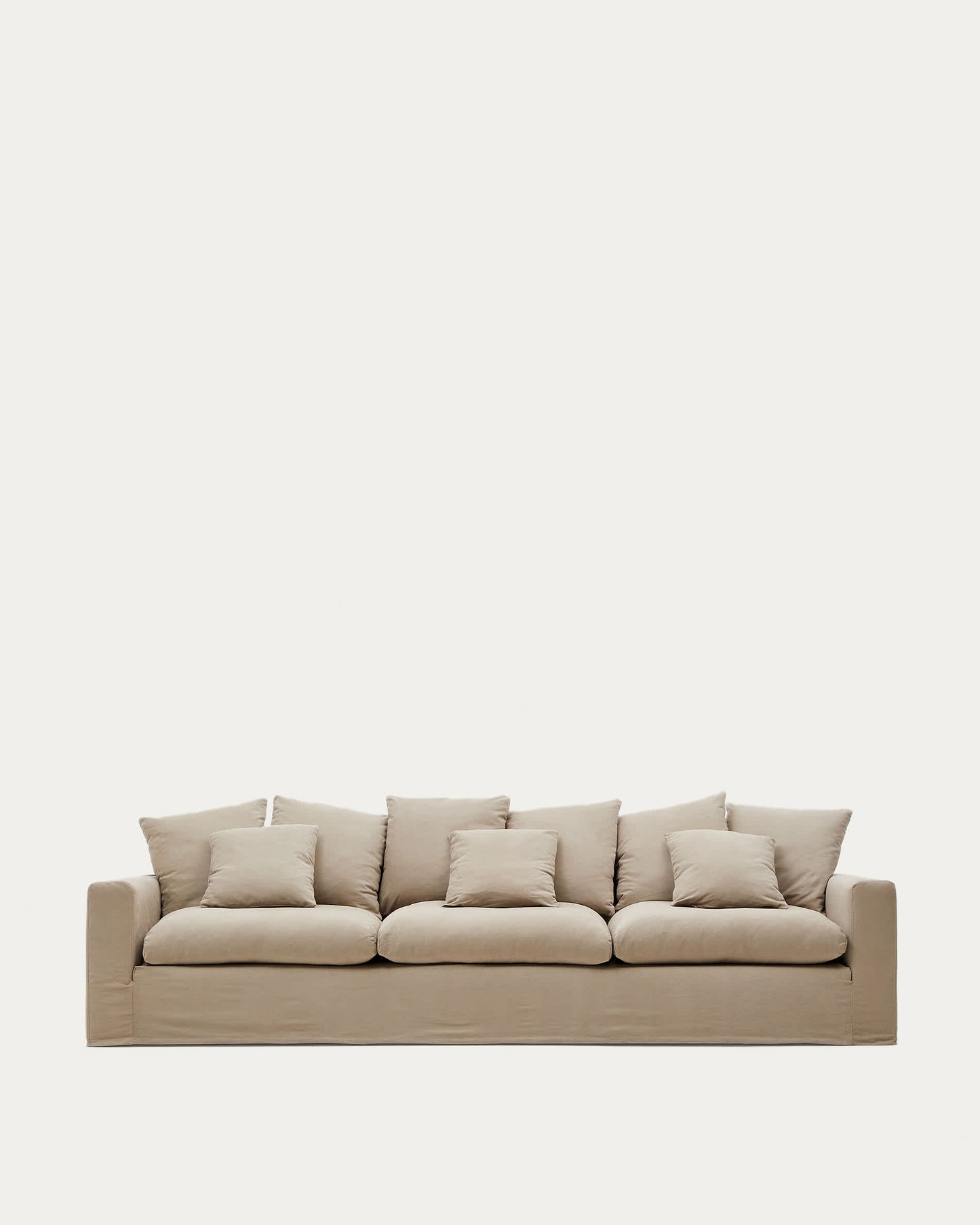 Divano sfoderabile Nora 4 posti con cuscini in lino e cotone taupe 340 cm