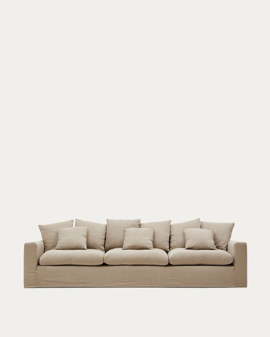 Divano sfoderabile Nora 4 posti con cuscini in lino e cotone taupe 340 cm