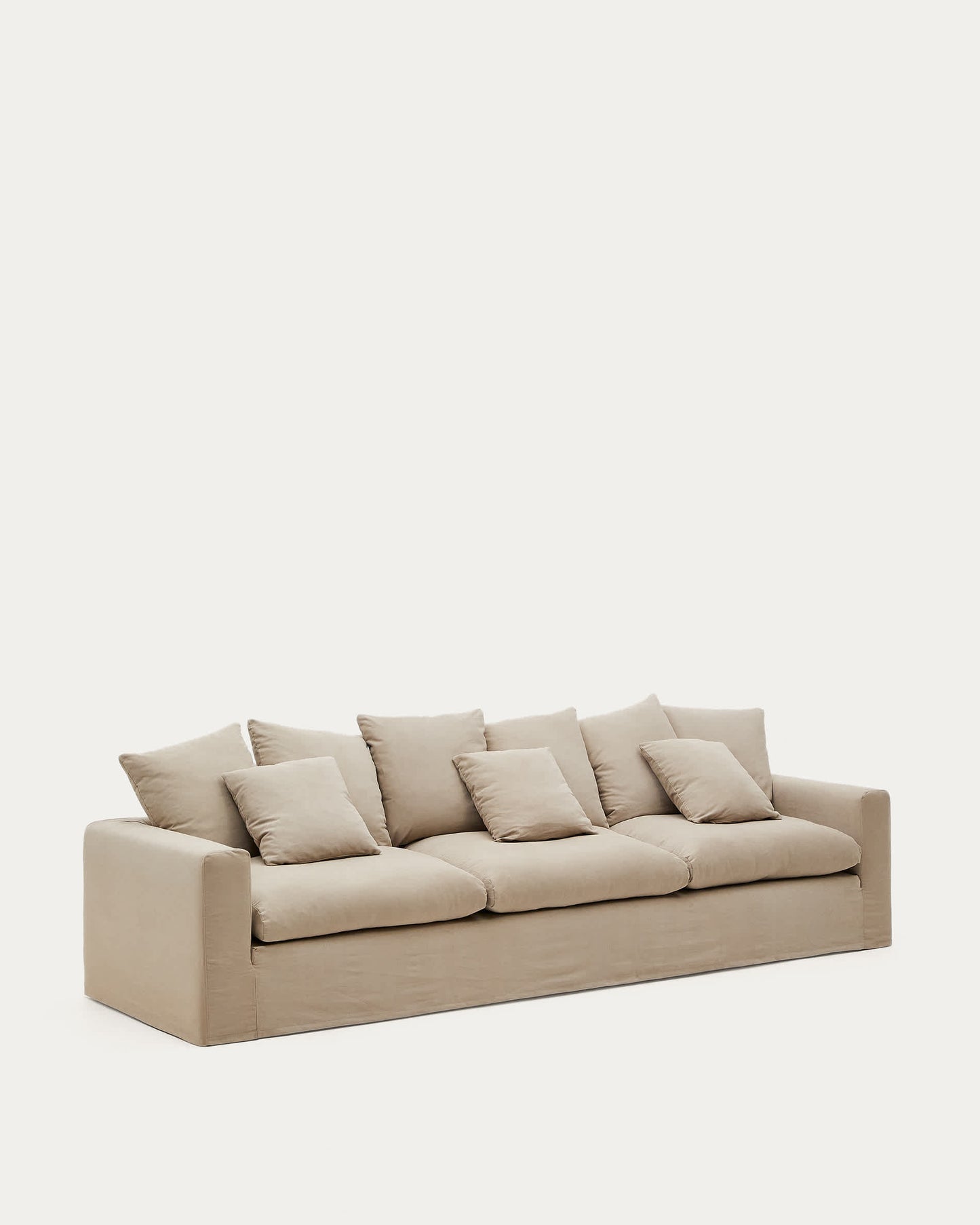 Divano sfoderabile Nora 4 posti con cuscini in lino e cotone taupe 340 cm