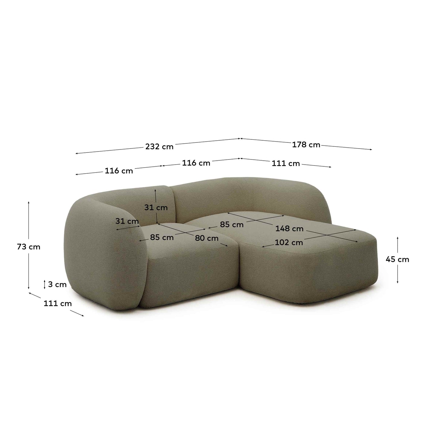 Divano modulare Martina 2 posti in ciniglia con chaise longue destra verde 230 cm