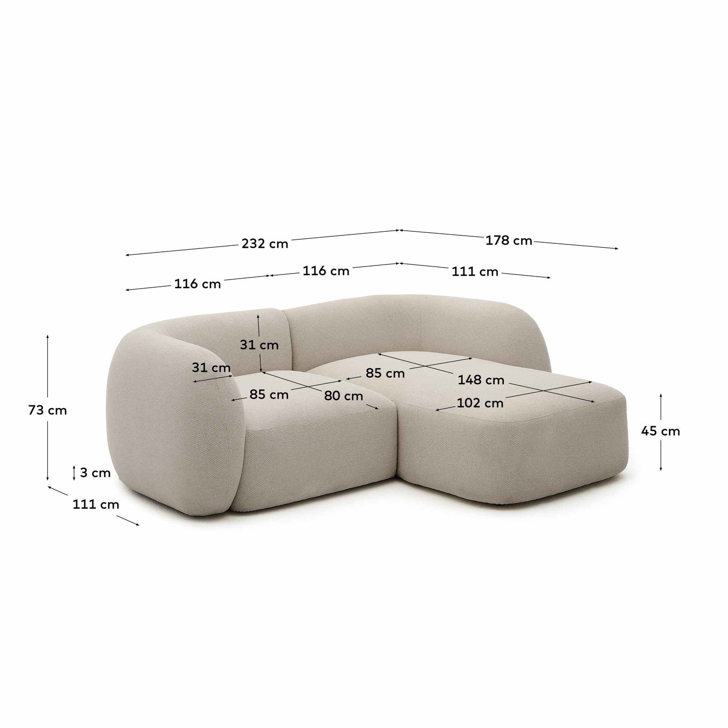 Divano modulare Martina a 2 posti in ciniglia con chaise longue destra color pietra 230 cm