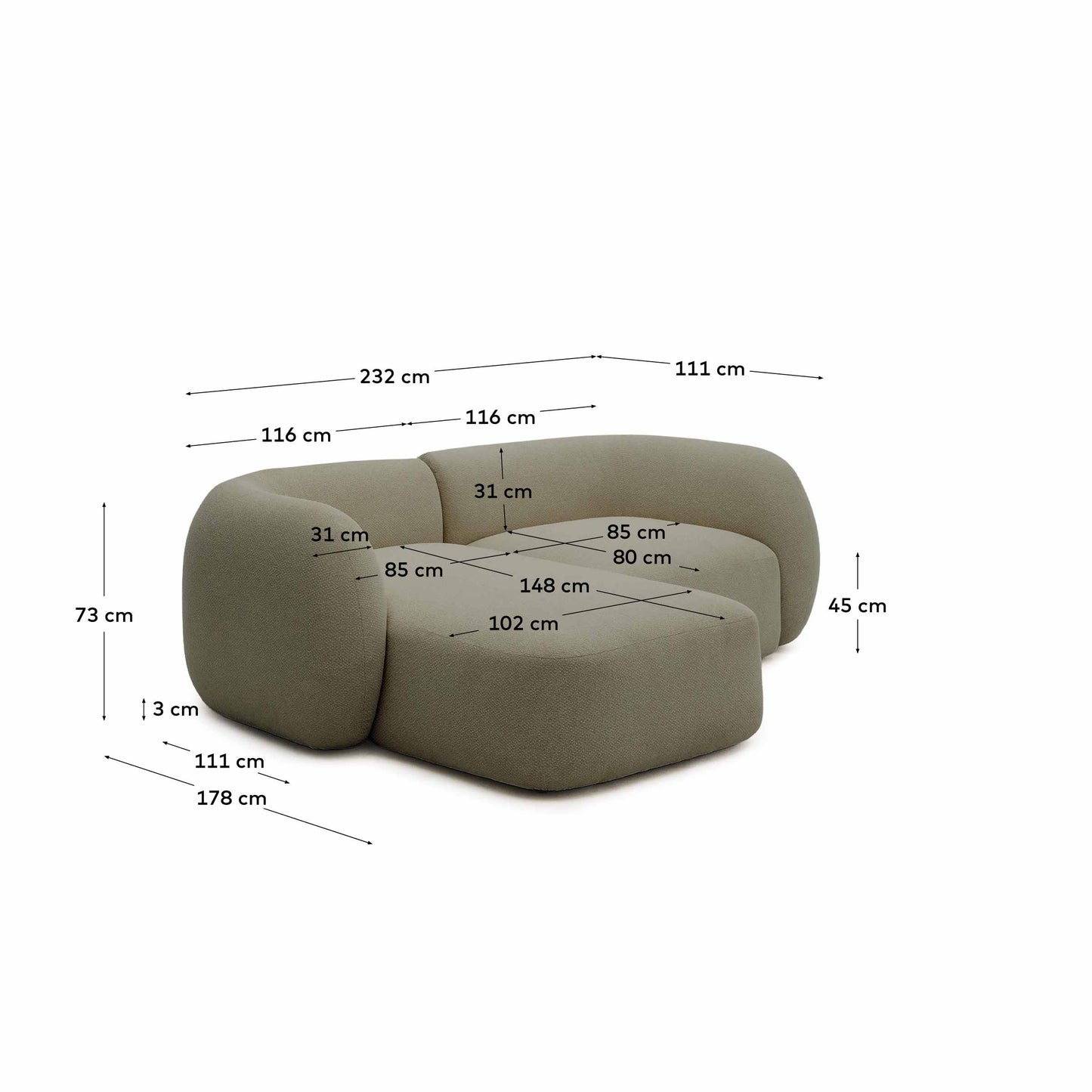 Divano modulare Martina 2 posti in ciniglia con chaise longue sinistra verde 230 cm
