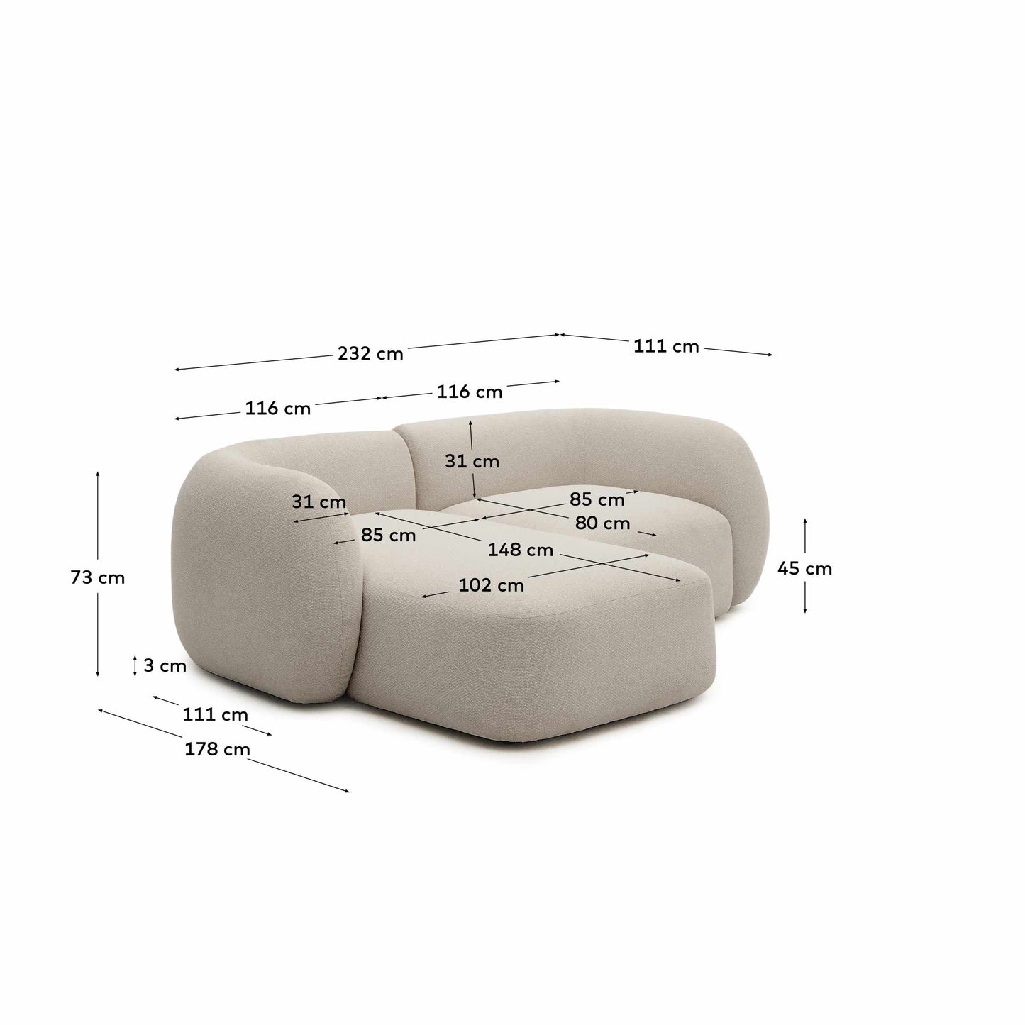 Divano modulare Martina a 2 posti in ciniglia con chaise longue sinistra color pietra 230 cm