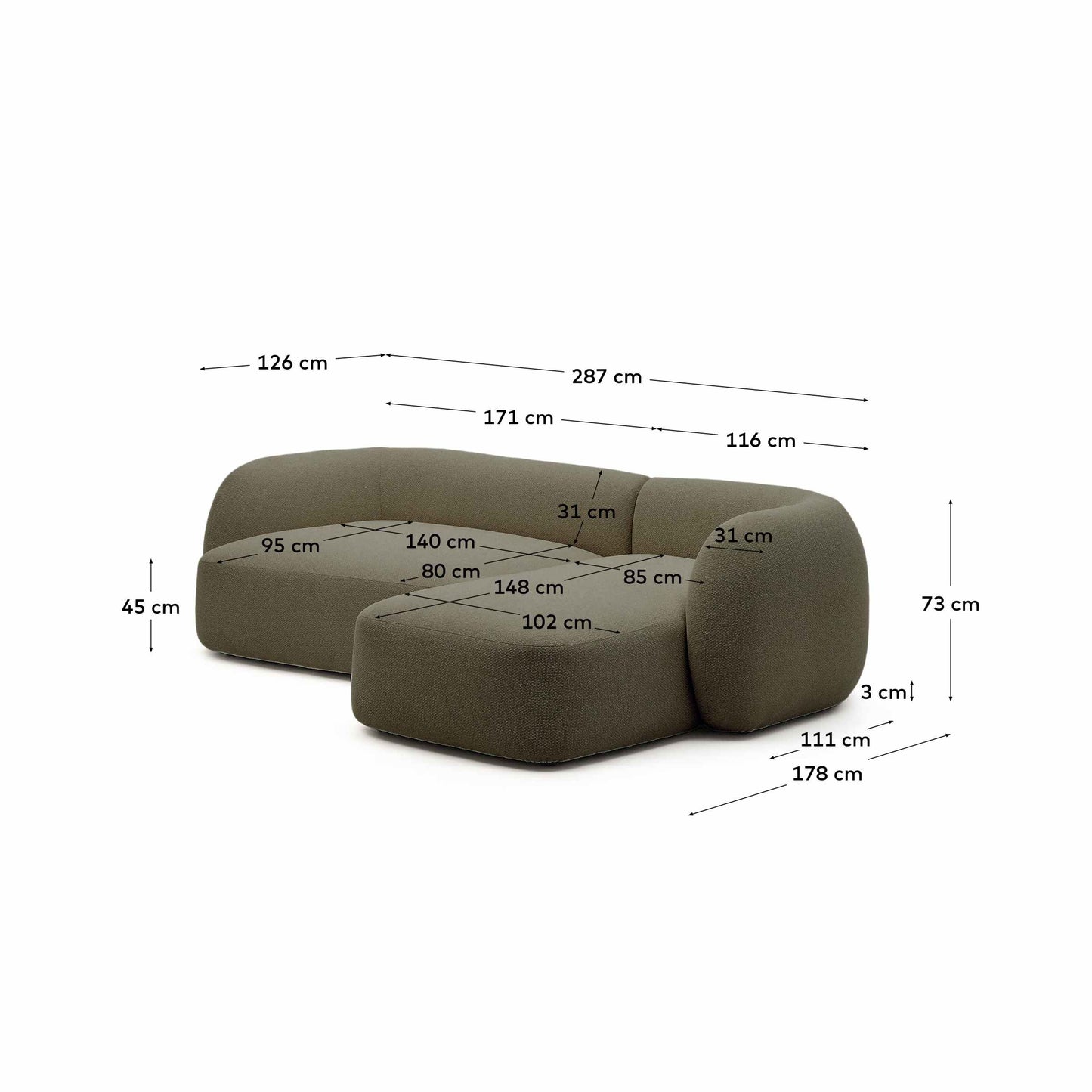 Divano modulare Martina 3 posti in ciniglia con chaise longue destra verde 287 cm