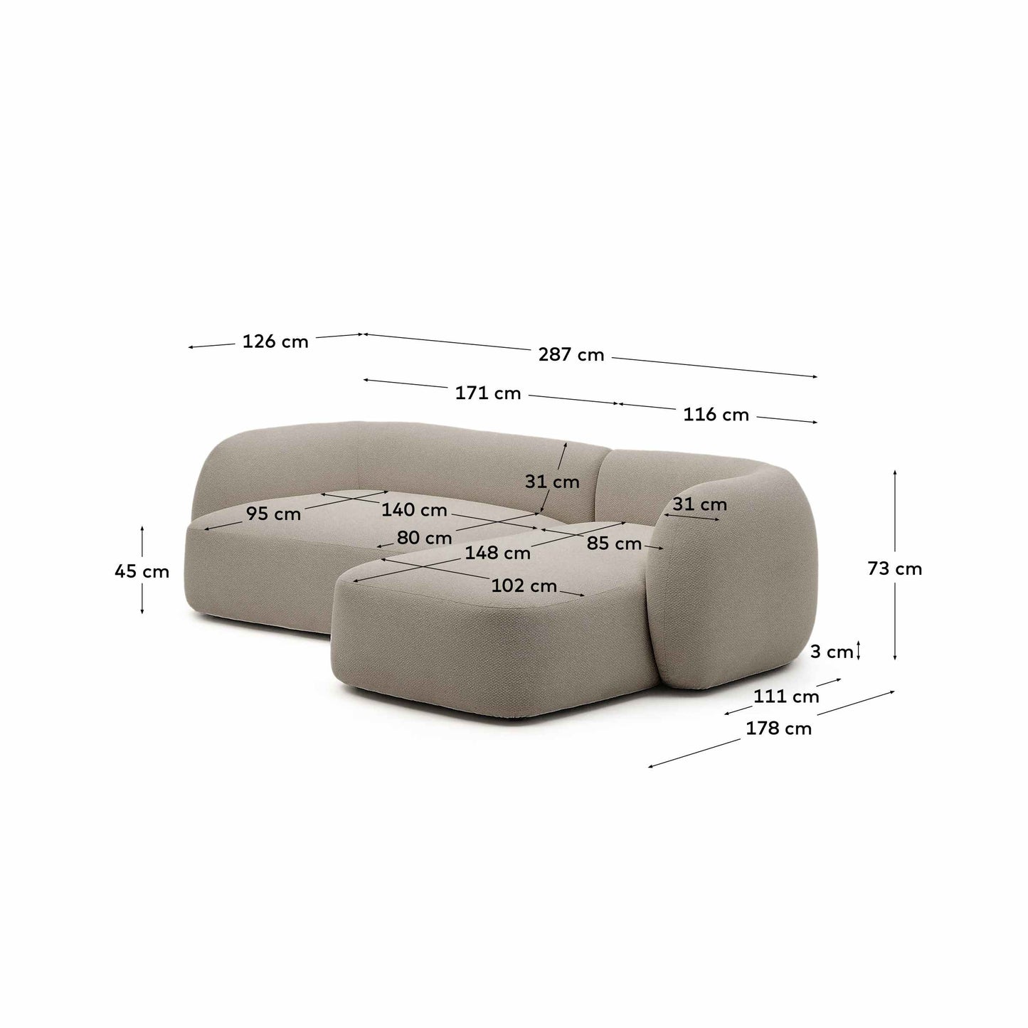 Divano modulare Martina a 3 posti in ciniglia con chaise longue destra color pietra 287 cm