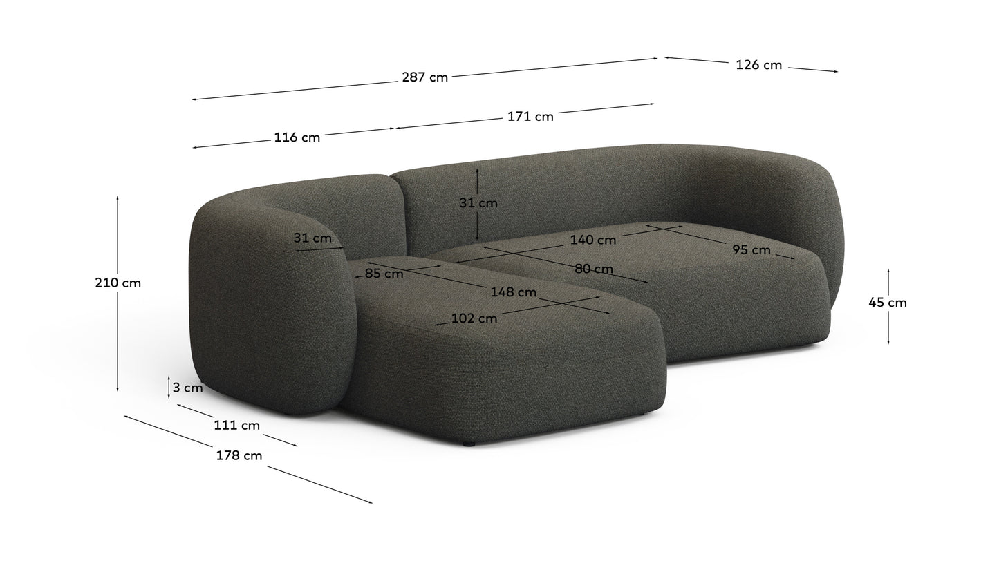 Divano modulare Martina 3 posti in ciniglia verde con chaise longue sinistra 287 cm